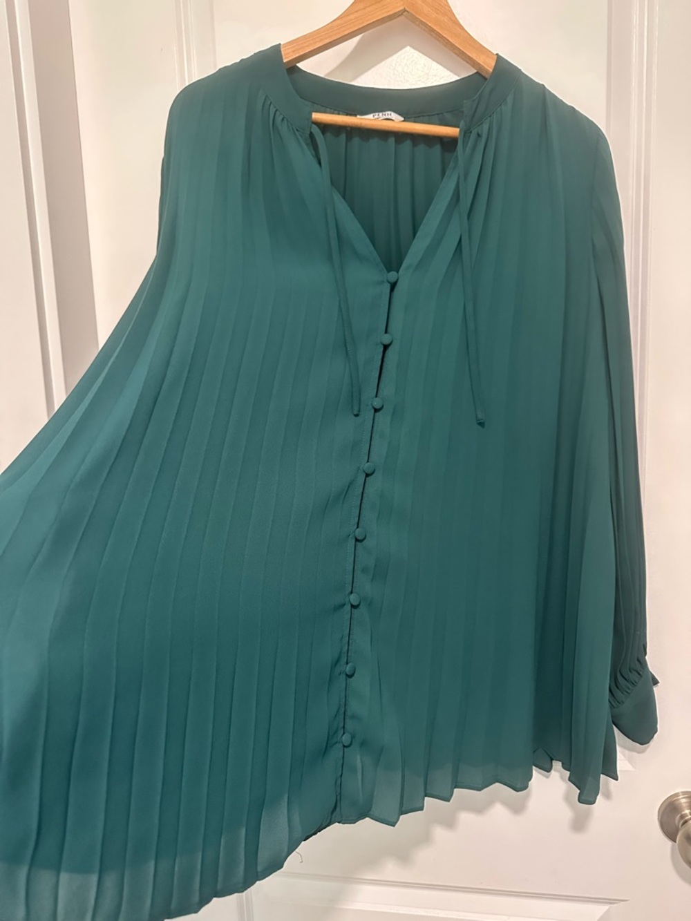 Penningtons Teal Pleated Button-Front Tie-Neck Blouse - Picture 2 of 13